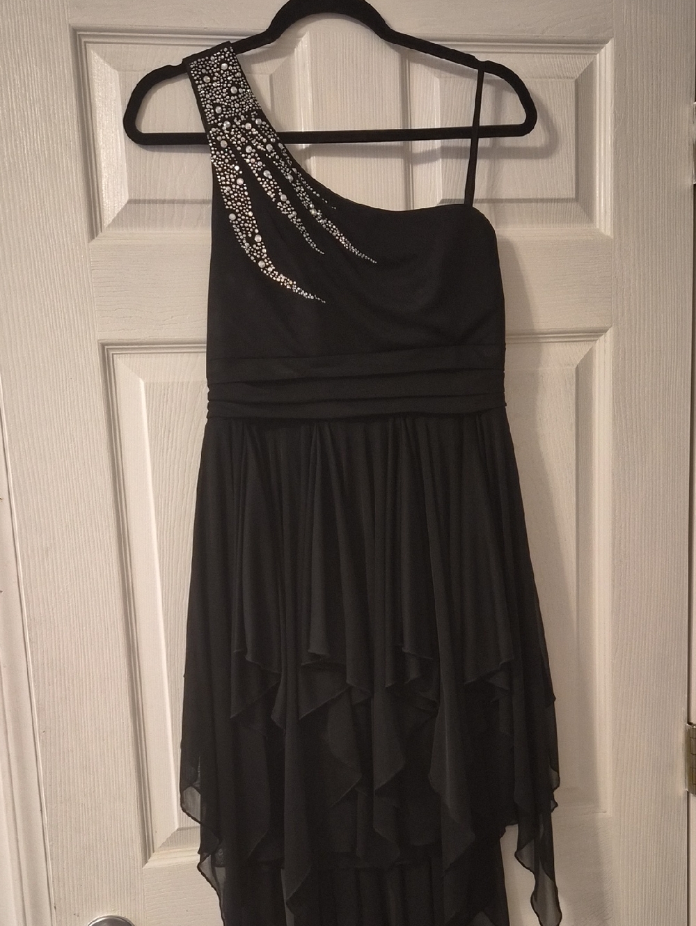 Deb One-Shoulder Black Cocktail Dress with Rhinestone Detail
